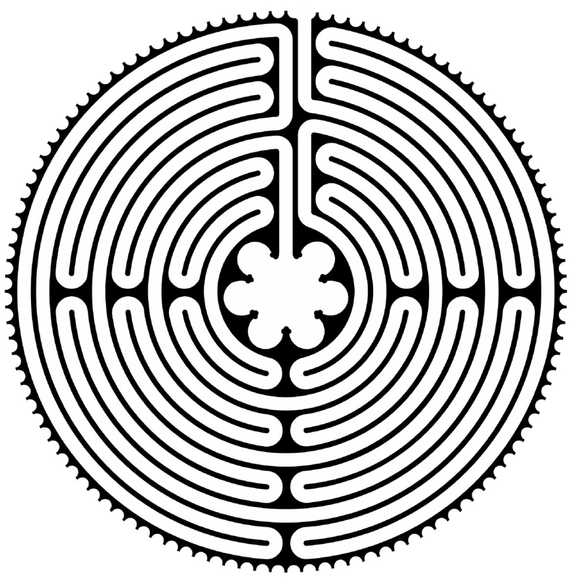 Labirinto de Chartres — versão preto e branco para impressão, 11 circuitos e rosácea central